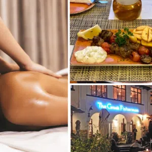 Greek Fisherman 3-course & Wine + Couples Full Body Swedish Massage for two