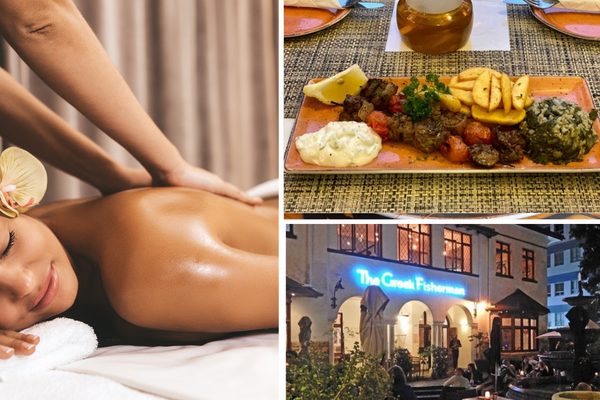 Greek Fisherman 3-course & Wine + Couples Full Body Swedish Massage for two